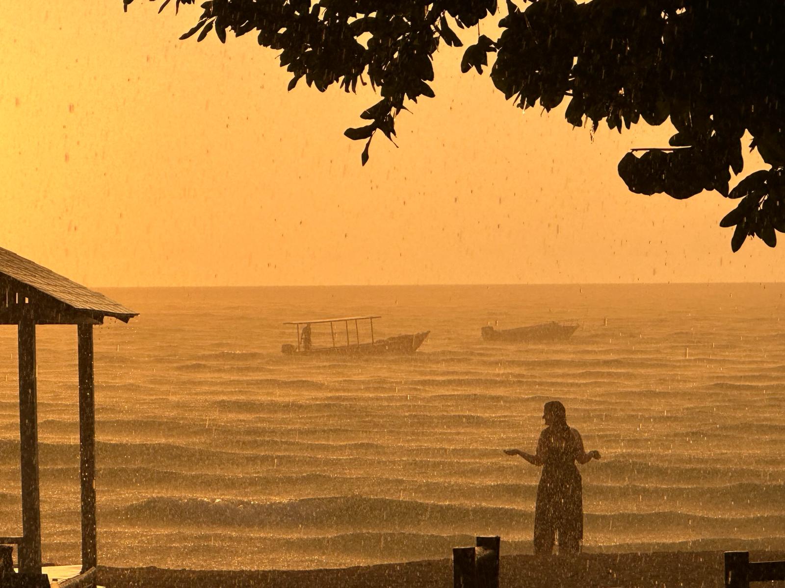 A figure on a golden shoreline at sunrise